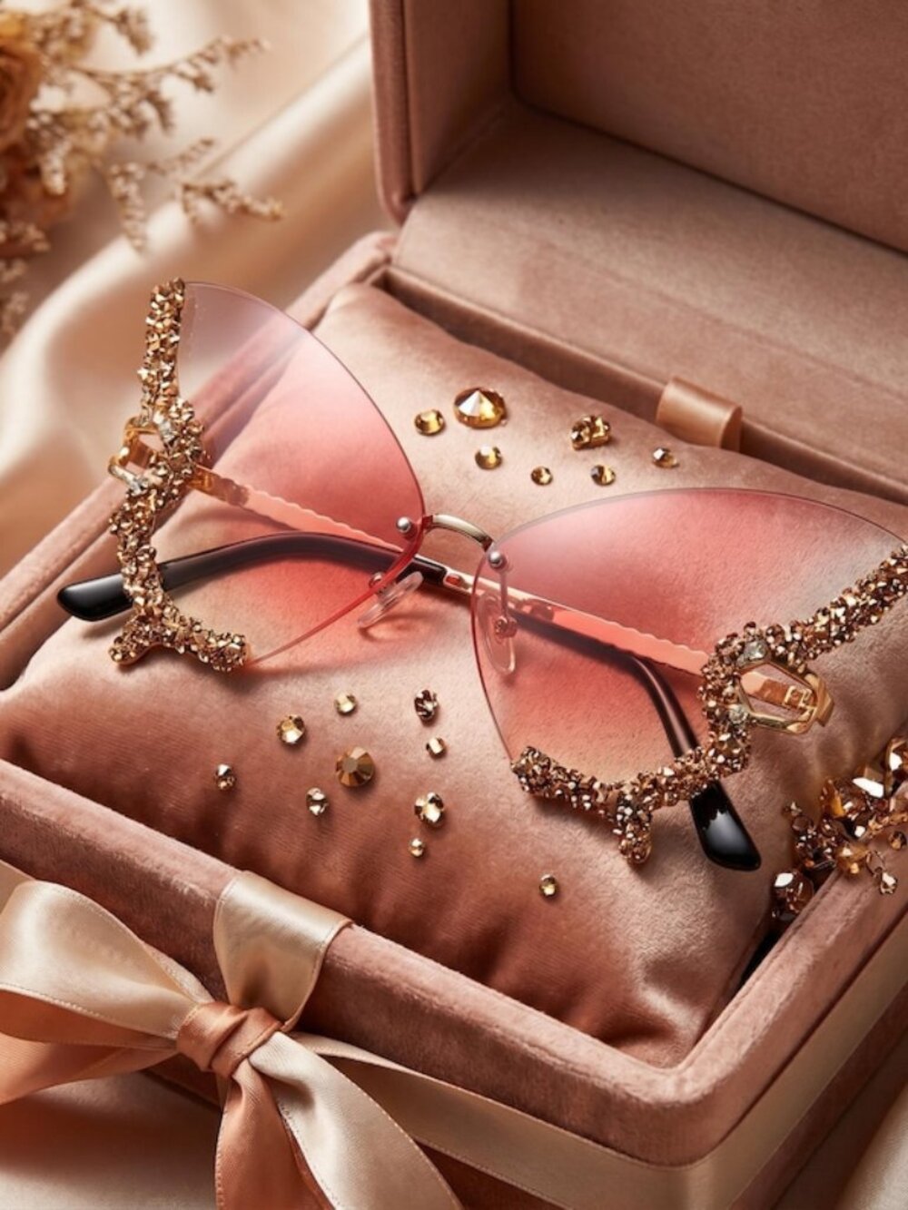 Rhinestone Butterfly Sunglasses - Pink Oversized Crystal Shades